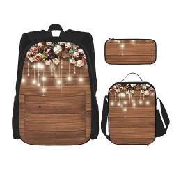 Rustikaler Blumen-Rucksack aus Holz, 3-in-1, Kinder-Schultasche für Teenager, Mädchen, Damen, Laptop-Rucksack mit Lunch-Tasche, Federmäppchen, Schwarz , Einheitsgröße von WiNwon