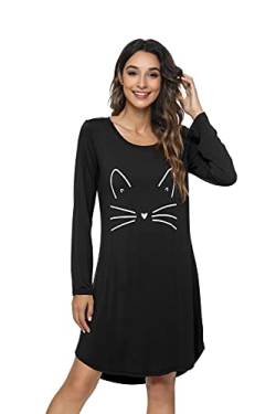 WiWi Bambus-Nachthemden für Damen, weich, langärmelig, Nachthemd, dehnbar, Übergröße, Schlafkleid, Loungewear, S-4X, A-black/cat, X-Large von WiWi