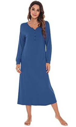 WiWi Bambus-Nachthemden für Damen, weich, langärmelig, Nachthemden, Pyjama, Loungewear mit Taschen, volle Länge, Nachtwäsche S-XXL, Preußischblau, X-Large von WiWi