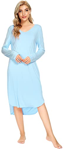 WiWi Bambus-Nachthemden für Damen, weich, langärmelig, Schlafhemd, Nachtwäsche, bequeme Loungewear, Übergröße, Nachthemden S-4X, Blassblau, XX-Large von WiWi