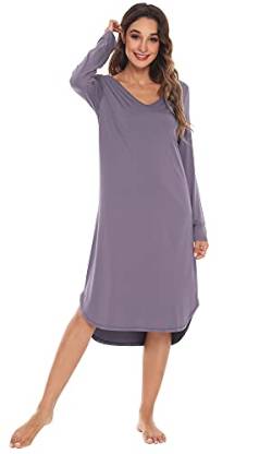 WiWi Bambus-Nachthemden für Damen, weich, langärmelig, Schlafhemd, Nachtwäsche, bequeme Loungewear, Übergröße, Nachthemden S-4X, Veilchen, Large von WiWi