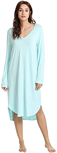 WiWi Bambus-Nachthemden für Damen, weich, langärmelig, Schlafhemd, Nachtwäsche, bequeme Loungewear, Übergröße, Nachthemden S-4X, aqua, XX-Large von WiWi