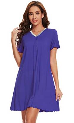 WiWi Bambus-Nachthemden für Damen, weich, plissiert, V-Ausschnitt, Schlafkleid, kurzärmelig, Nachtwäsche, lässiges Nachtwäsche-Shirt, S-XXL, Bulish Purple, Large von WiWi