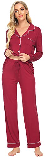 WiWi Bambus-Pyjama-Set für Damen, langärmelig, Nachtwäsche, Button-Down-Nachtwäsche, weiche Pyjama-Lounge-Sets, Loungewear, S-3X, A-Wine Rot, L von WiWi