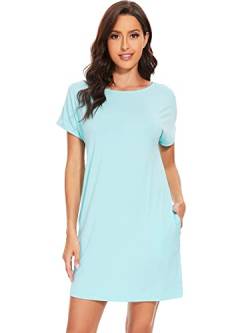 WiWi Bambus Viskose Nachthemden für Frauen Weiche Kurzarm Nachtkleider Schlafshirt Nachtwäsche Kleid mit Taschen S-XXL, B-aqua, Medium von WiWi