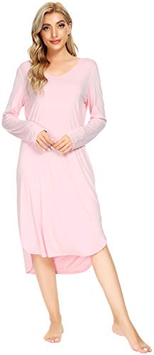 WiWi Bambus Viskose Nachthemden für Frauen Weiche Langarm Schlaf Shirt Bequeme Nachthemden Nachtwäsche Plus Größe Pyjamas S-4X, A-rosa, 4X von WiWi