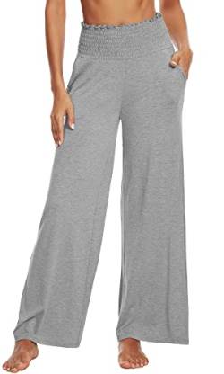 WiWi Damen Bambus Pyjamahose Casual Weite Bein Palazzo Lounge Sweatpants Dehnbare Bequeme Hose mit Taschen S-XXL, grau meliert, X-Large von WiWi