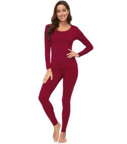 WiWi Damen Ultra Weich Bambus Unterwäsche Lange Unterhosen Sets Leichte Pyjamas Set Base Layer Top mit Hosen S-3X, weinrot, XX-Large von WiWi