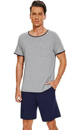 WiWi Herren Bambus Pyjama Set Kurzarm Nachtwäsche Oberteil und Shorts mit Taschen Leichte Loungewear S-3X, Heather Grey & Navy, X-Large von WiWi