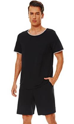 WiWi Herren Bambus Pyjama Set Kurzarm Nachtwäsche Oberteil und Shorts mit Taschen Leichte Loungewear S-3X, schwarz, XX-Large von WiWi