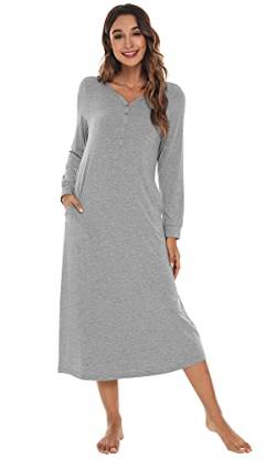 WiWi Nachthemd aus Bambus, weich, Loungewewar, V-Ausschnitt, Nachthemd, langärmelig, Sleepshirt, S-XL, grau meliert, Large von WiWi