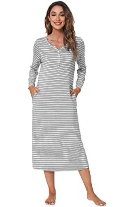 WiWi Nachthemd aus Bambus-Viskose für Damen, weiche Nachtwäsche, langärmelig, Nachthemden, Pyjama, Robe, Schlafshirts, S-XXL, Grau-weißer Streifen, Large von WiWi
