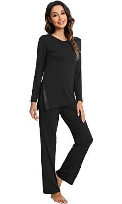 WiWi Pyjama-Set für Damen, Viskose aus Bambus, weich, langärmelig, Schlafanzug, Nachtwäsche, Strick, Jammies, Hose, Loungewear, S-XXL, A-Schwarz, XL von WiWi