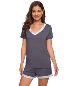 WiWi Pyjama für Frauen Bambus Ultra Soft Pyjama Set Kurzarm Top mit Shorts Plus Size Pjs Nachtwäsche S-4X, A-dark grey, S von WiWi