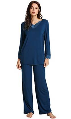 WiWi Weiche Bambus-Pyjama-Sets für Damen, langärmelig, Nachtwäsche, geschnürt, V-Ausschnitt, Oberteil mit Hose, Übergröße, Loungewear, S-4X, A-ink blau, M von WiWi