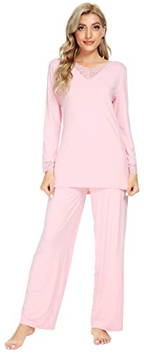 WiWi Weiches Bambus-Pyjama-Set für Damen, langärmelig, Nachtwäsche, locker, bequem, Pyjama-Set mit Hose, Übergröße, Loungewear, S-4XL, A-rosa, XL von WiWi