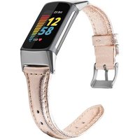 Wigento Smartwatch-Armband Für Fitbit Charge 6 / 5 Leder Watch Armband Frauen Größe S Rose Gold von Wigento