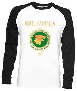 Hotel Valhalla Standard Unisex Herren Frau Baseball T-Shirt Weiß Unisex Baseball T-Shirt von Wigoro