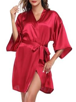 Wikoan Bademantel Damen Kimono Robe Mit Gürtel Satin Morgenmantel Kurz Bademäntel Leichte Nachtwäsche für Braut Hochzeit Party A-Weinrot L von Wikoan