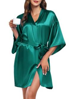 Wikoan Bademantel Damen Kurz Seide Kimono Robe Mit Gürtel Satin Bademäntel Leichte Morgenmantel V-Ausschnitt Bathrobe Sexy Grün M von Wikoan