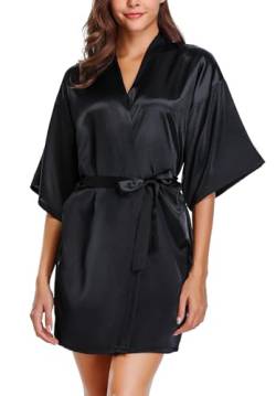 Wikoan Bademantel Damen Kurz mit Gürtel Kimono Robe Morgenmantel Sexy Bademäntel V-Ausschnitt Leicht Satin Bathrobe Nachtwäsche A-Schwarz XXL von Wikoan