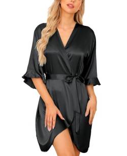 Wikoan Bademantel Damen Morgenmantel Kimono Satin Bademäntel Sexy Kurz Kimono Robe mit Gürtel Volant für Braut Schwarz M von Wikoan