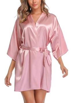 Wikoan Bademantel Damen Satin Kimono Robe V-Ausschnitt Seide Morgenmantel Mit Gürtel Bademäntel Kurz Nachtwäsche A-Düstere Rose M von Wikoan