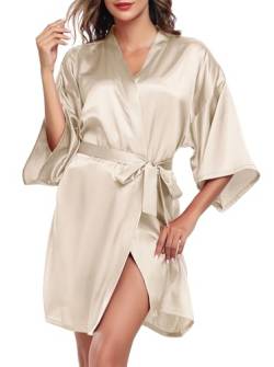 Wikoan Bademantel Kimono Damen Kurz Satin Morgenmantel Seide Bademäntel Robe Mit Gürtel Sexy Leichte Bathrobe V-Ausschnitt A-Dunkel Champagner L von Wikoan