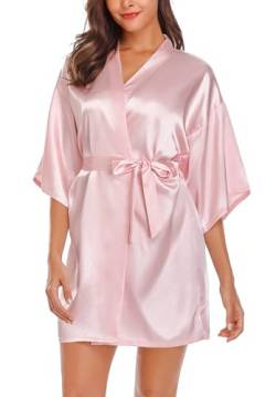 Wikoan Bademantel Kimono Robe Damen Kurzer Satin Morgenmantel Mit Gürtel V-Ausschnitt Kimono Bademäntel Bathrobe A-Rosa S von Wikoan