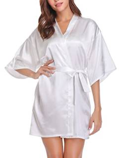 Wikoan Bademantel Kimono Robe Damen Satin Morgenmantel Leichte Bademäntel Mit Gürtel Kurz Nachtwäsche für Braut Hochzeit Party A-Weiß XL von Wikoan