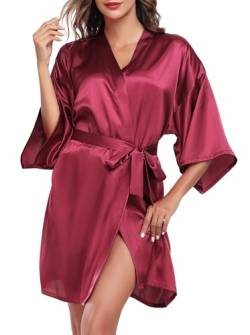 Wikoan Damen Bademantel Kurz Kimono Robe Mit Gürtel Satin Bademäntel Seide Morgenmantel V-Ausschnitt Nachtwäsche Burgunderfarben XL von Wikoan