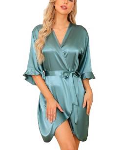 Wikoan Damen Bademantel Leichter 3/4 Ärmeln Morgenmantel V-Ausschnitt Kimono Robe mit Gürtel Nachtwäsche Kimono Grau-grün M von Wikoan