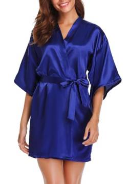 Wikoan Damen Kimono Robe Satin Bademantel Mit Gürtel Seide Morgenmantel V-Ausschnitt Bademäntel Kurz Nachtwäsche Königsblau M von Wikoan