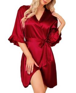 Wikoan Damen Morgenmantel Leicht Bademantel Satin Sexy Kimono Kurz Robe mit Gürtel Bademäntel für Braut Nachtwäsche Burgunderrot XL von Wikoan