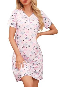 Wikoan Damen Nachthemd V-Ausschcnitt Nachtkleid Kurzarm Nachtwäsche Negligee Weich Umstandskleid Stillnachthemd Sleepshirt Lila Schmetterling L von Wikoan