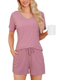 Wikoan Damen Schlafanzug Kurz Kuschelig Pyjama Set V-Ausschnitt Lounge Set Sommer Hausanzug Schlafanzüge Nachtwäsche Bohne Rosa M von Wikoan