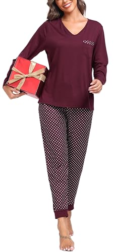 Wikoan Damen Schlafanzug Lang Kuschelig Zweiteiliger Pyjama Set V-Ausschnitt Lounge Set Winter Langarm Nachtwäsche Burgund M von Wikoan