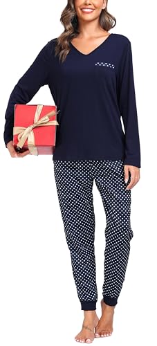 Wikoan Loungewear Damen Set Winter Schlafanzug Kuschelig Langarm Zweiteiliger Pyjama Set V-Ausschnitt Lounge Set Warm Blau XL von Wikoan