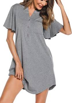 Wikoan Nachthemd Damen Baumwolle Schlafshirt Damen Kurz Knopfmit V-Ausschnitt Stillnachthemd Sommer für Frauen Rüschen Nightdress Grau XXL von Wikoan