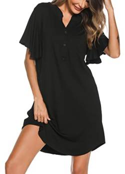 Wikoan Nachthemd Damen Baumwolle Schlafshirt Damen Kurz Knopfmit V-Ausschnitt Stillnachthemd Sommer für Frauen Rüschen Nightdress Schwarz L von Wikoan