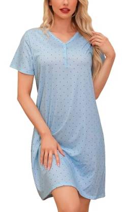Wikoan Nachthemd Damen Baumwolle Sommer Nachtwäsche Schlafshirt Damen Kurzarm Schlafhemd Weiche Nachthemden mit Knöpfen Blauer Punkt XL von Wikoan