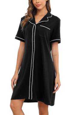 Wikoan Nachthemd Damen Kurzarm Baumwolle Schlafshirt Kurz Nachtkleid Sommer Sleepshirt Nachtwäsche Weich Schlafkleid Schwarz M von Wikoan