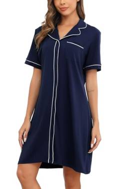 Wikoan Nachthemd Damen Kurzarm Baumwolle Schlafshirt Stillnachthemd Kurz Weich Nachtwäsche Unterkleid Für Frauen Pyjamas Kleid Marine Blau M von Wikoan