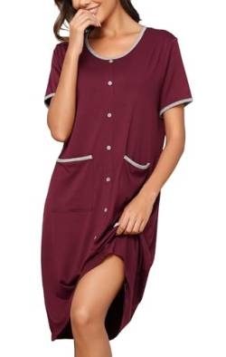 Wikoan Nachthemd Damen Kurzarm Nachtkleid Sleepshirt mit Dekor Knöpfe Schlafshirt Damen Oversize Nachtwäsche mit Taschen Nachtkleid Weinrot XXL von Wikoan