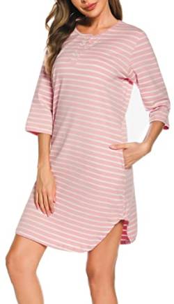 Wikoan Nachthemden für Damen mit Knöpfen Schlafshirt Damen Kurz Geburtshemd Gestreifte Stillnachthemd Sommer 3/4-Ärmel Baumwolle Nightdress Rosa XL von Wikoan