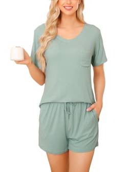 Wikoan Pyjama Damen Kurz Schlafanzug V-Ausschnitt Pyjama Sommer Hausanzug für Frauen Pyjama Kurzarm Zweiteiliger Loungewear Hellgrün XXL von Wikoan