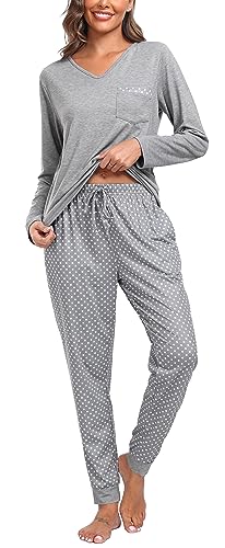 Wikoan Pyjama Set Damen Lang Lounge Set Kuschelig Schlafanzug Zweiteiliger Pyjama Set V-Ausschnitt Loungewear Set Warm Grau XXL von Wikoan