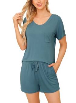 Wikoan Schlafanzüge für Damen Pyjama Kurz Zweiteiliger Schlafanzug Kurzarm V-Ausschnitt Pyjama Set Sommer Hausanzug Nachtwäsche Dunkelgrün S von Wikoan