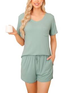 Wikoan Schlafanzug Damen Kurz Pyjama Set V-Ausschnitt Zweiteiliger Pyjamas Sommer Hausanzug für Frauen Schlafanzüge Loungewear Hellgrün XL von Wikoan