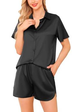 Wikoan Schlafanzug Damen Satin Pyjama Set Kurz Zweiteiliger Lounge Set Kurzarm Schlafanzüge Loungewear Set Freizeitanzug Schwarz L von Wikoan